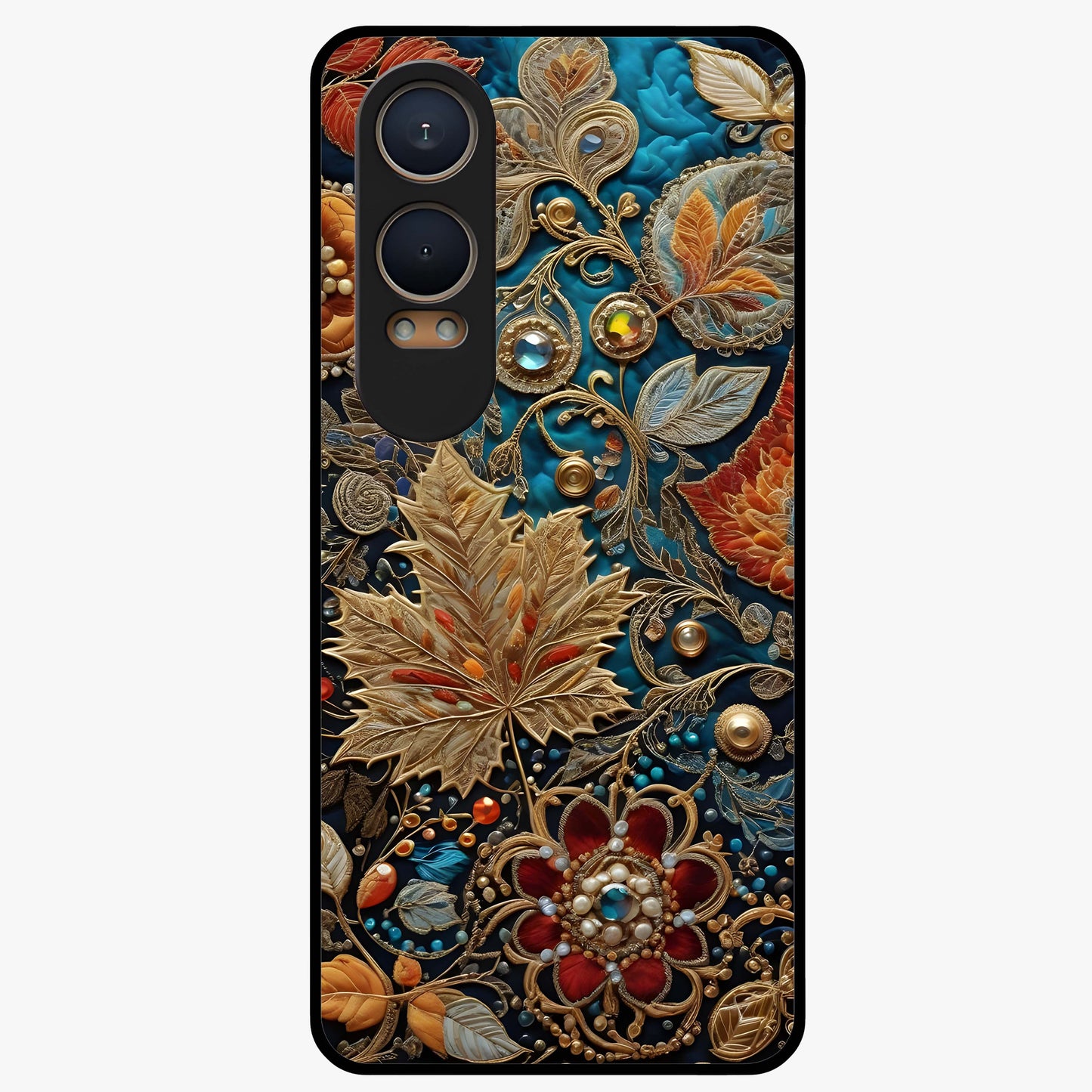 Royal Jewel Garden Glass Case for 1+Nord Ce 4 Lite luxurious front view featuring ornate floral artwork with jewel accents