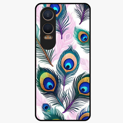 Royal Peacock Feathers Glass Case for 1+Nord CE 4 Lite vibrant front view featuring detailed peacock feather artwork
