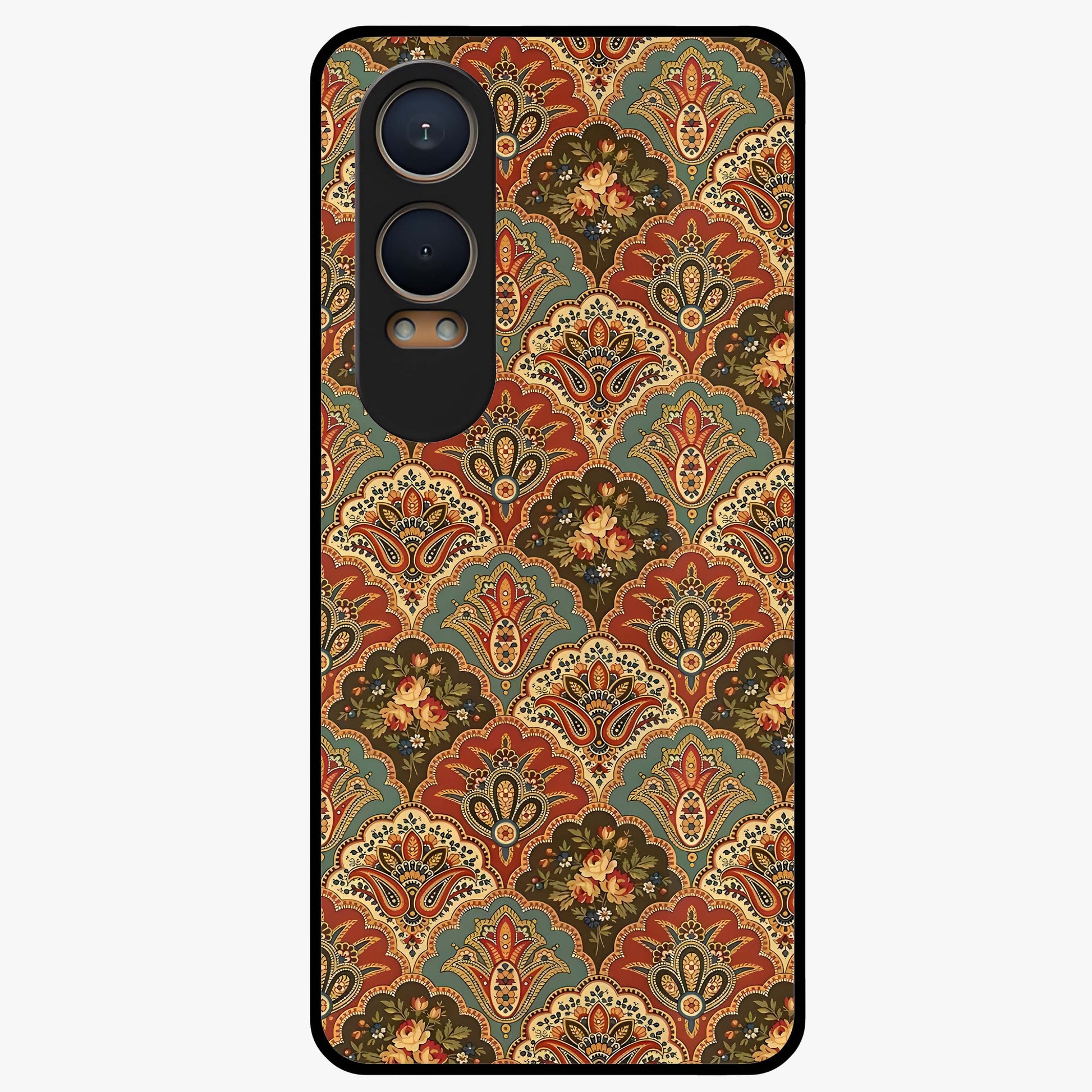 Royal Threadwork Glass Case for 1+Nord CE 4 Lite elegant front view featuring embroidered threadwork inspired artwork