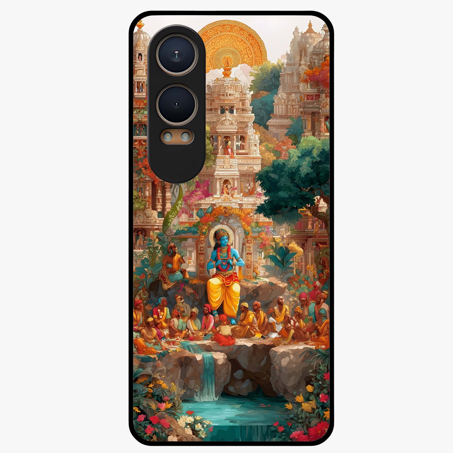 Sacred Sunlight Gods Glass Case for 1+Nord CE 4 Lite powerful front view featuring divine artwork bathed in golden sunlight