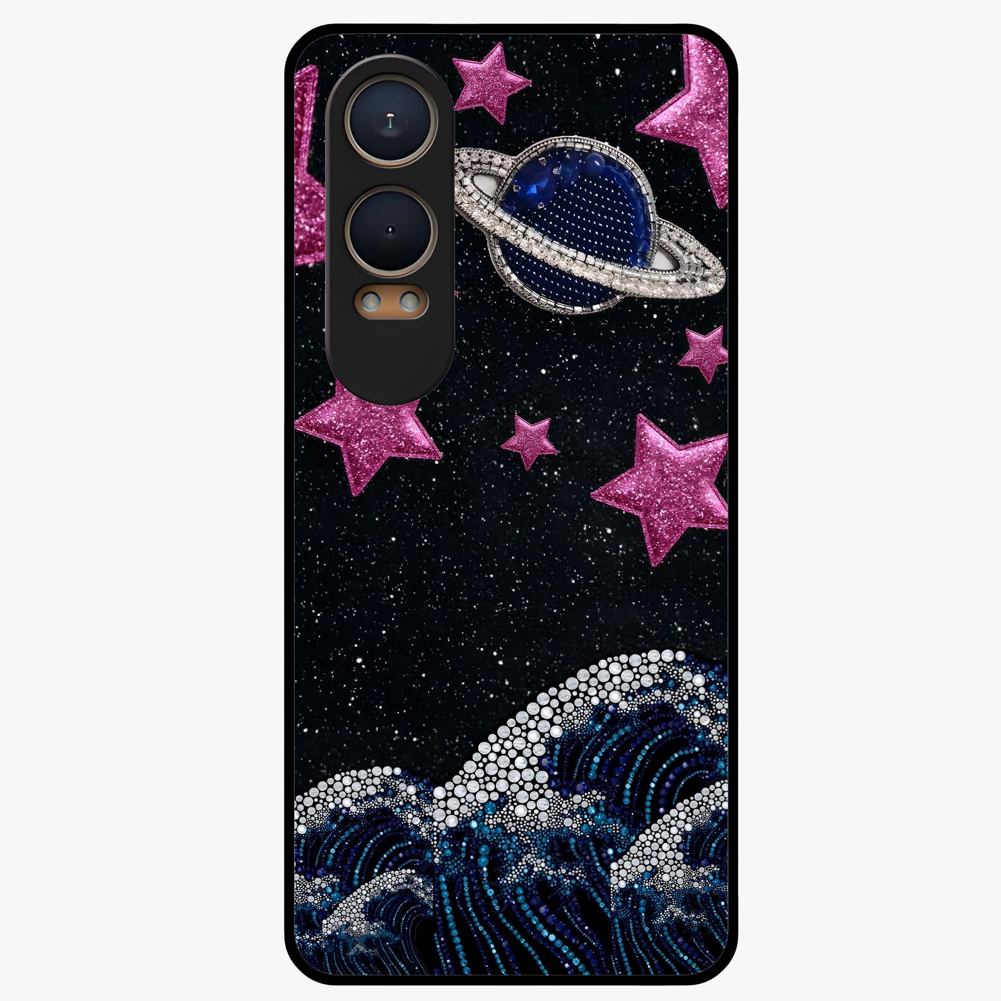 Saturn Pink Storm Glass Case for 1+Nord CE 4 Lite bold front view featuring cosmic Saturn artwork in vibrant pink tones