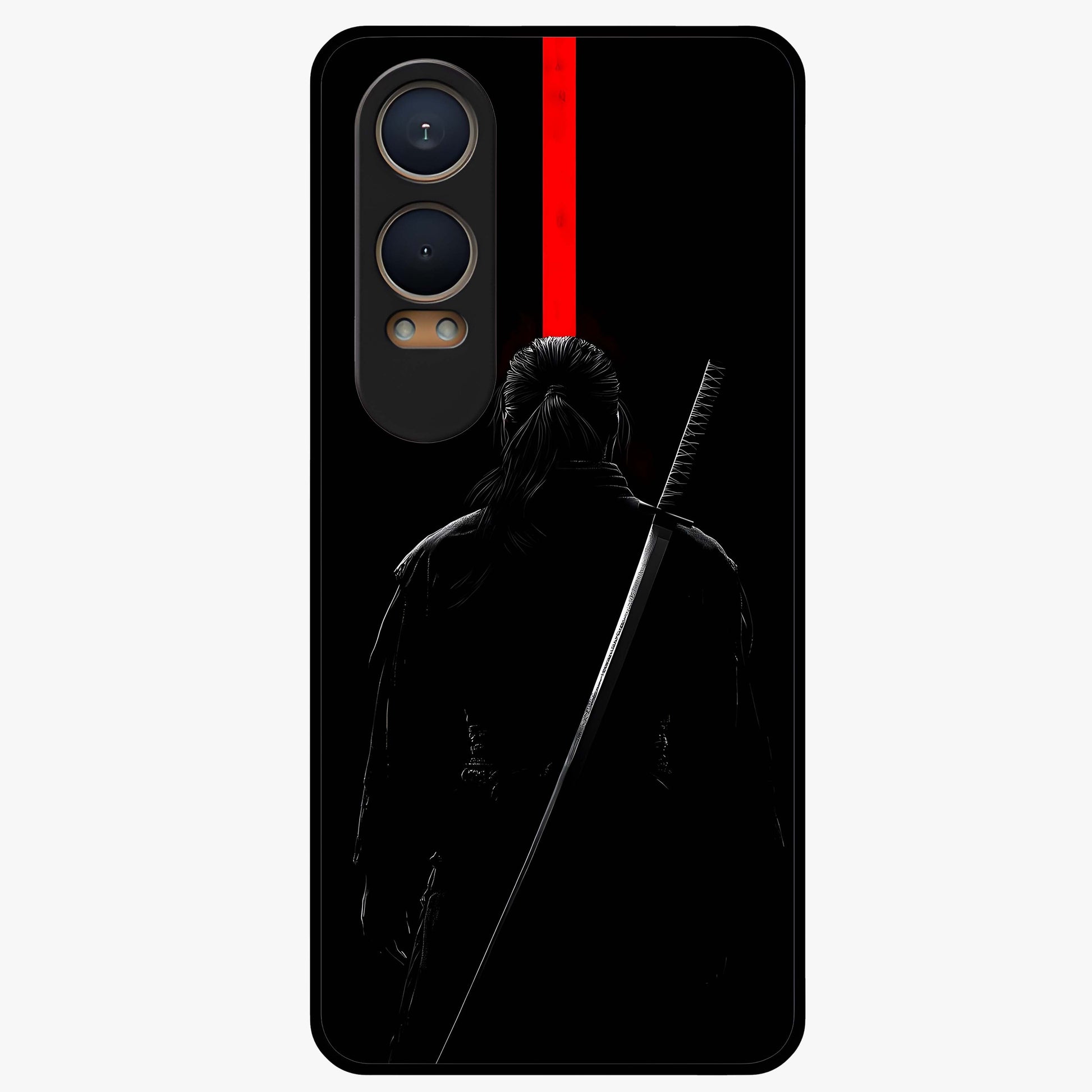 Silent Blade Resolve Glass Case for 1+Nord CE 4 Lite bold front view featuring stealth warrior inspired artwork
