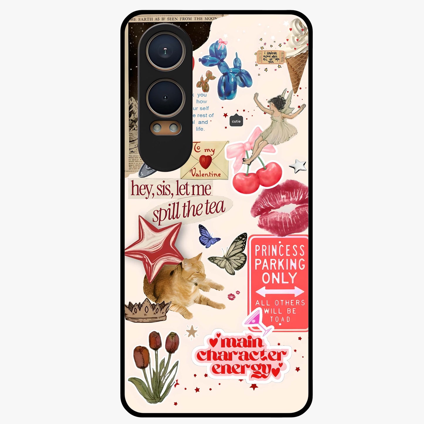 Spill the Tea Retro Collage Glass Case for 1+Nord CE 4 Lite playful front view featuring vintage style collage artwork