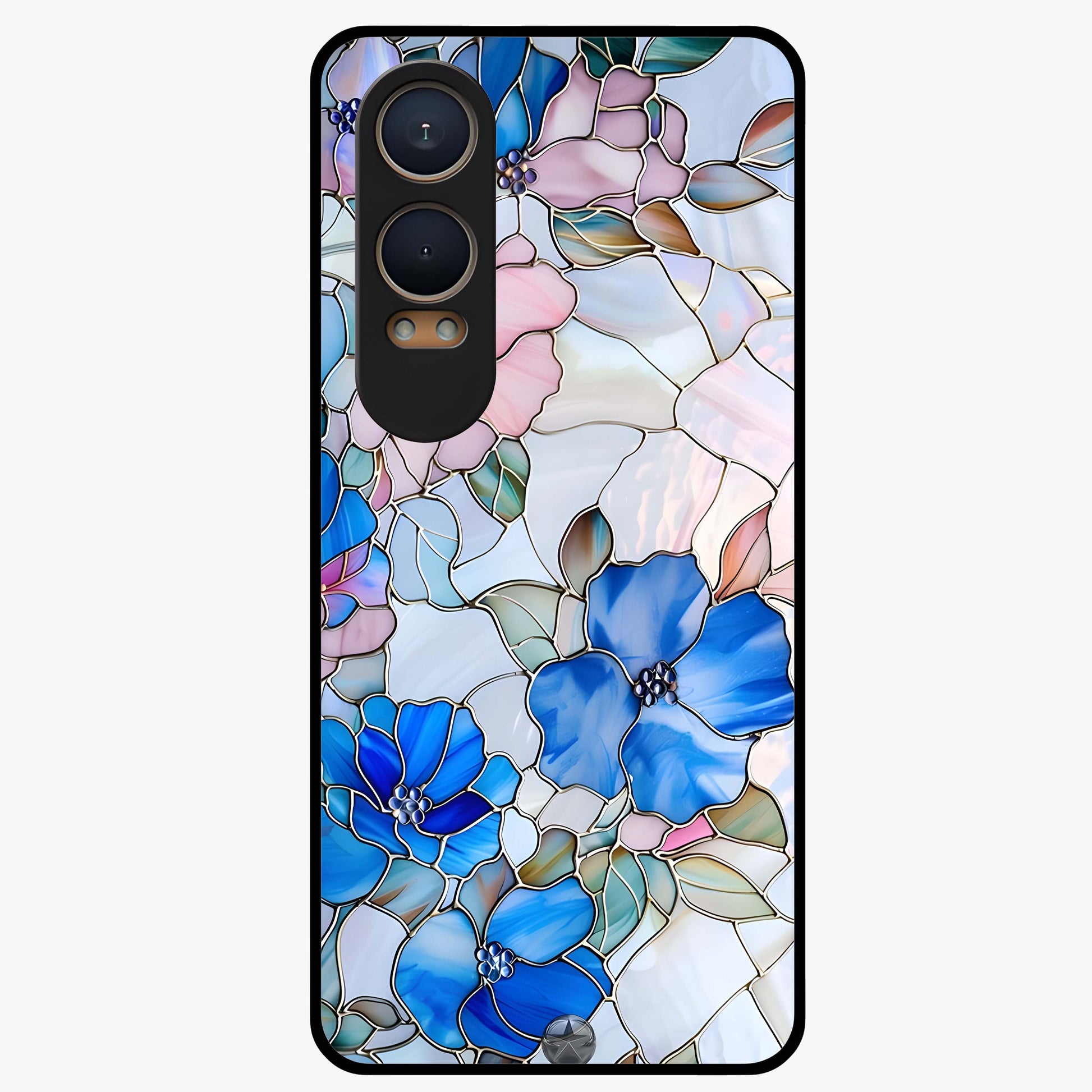 Stained Blue Floral Glass Case for 1+Nord CE 4 Lite elegant front view featuring blue stained glass inspired floral artwork