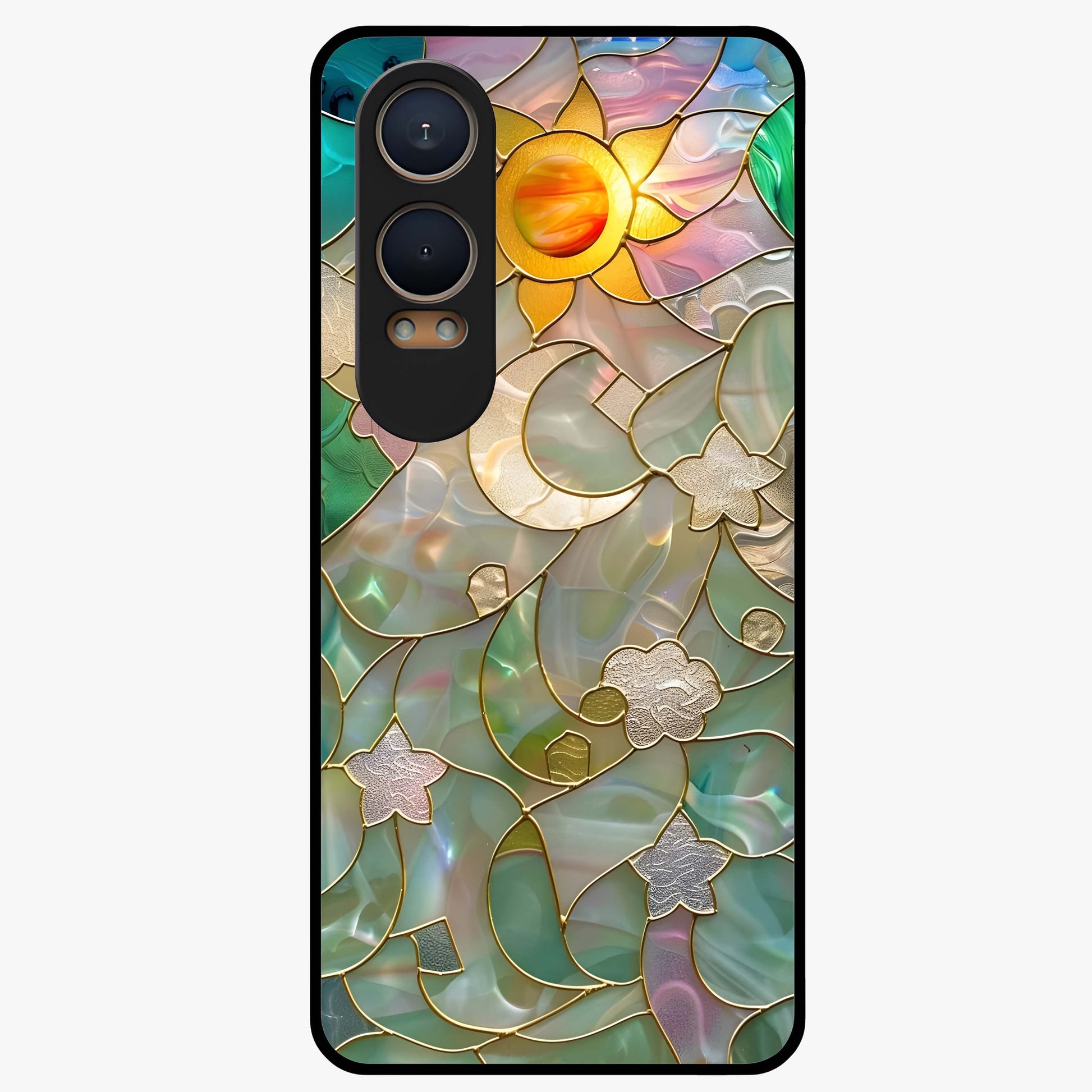 Stained Sunrise Glow Glass Case for 1+Nord CE 4 Lite radiant front view featuring sunrise inspired stained glass artwork