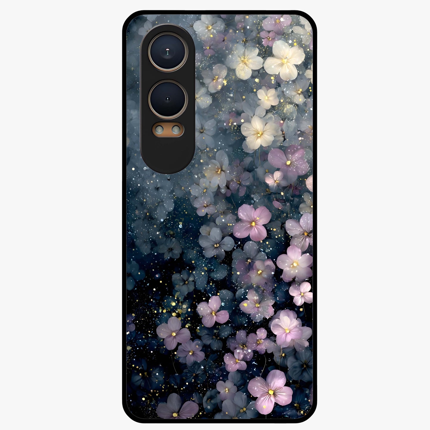 Starlit Blossom Dreams Glass Case for 1+Nord CE 4 Lite dreamy front view featuring floral artwork under sparkling night sky