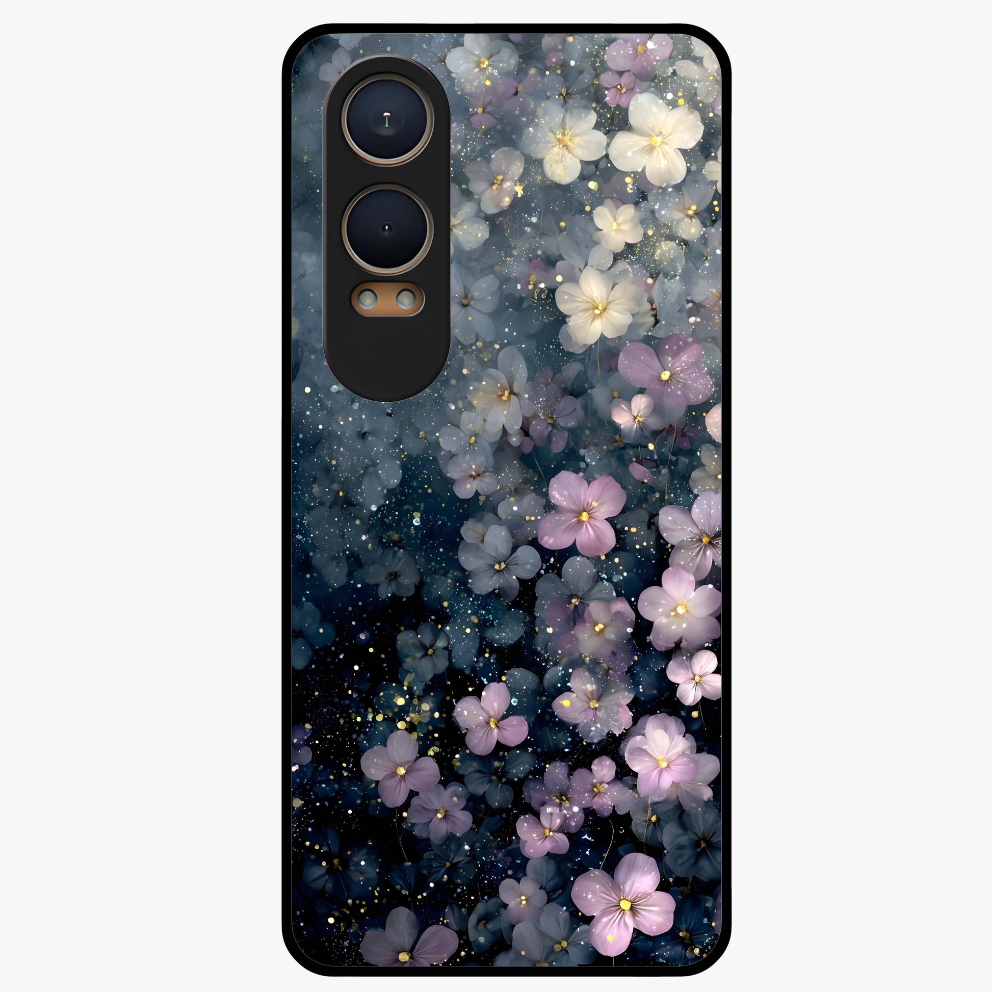 Starlit Blossom Dreams Glass Case for 1+Nord CE 4 Lite dreamy front view featuring floral artwork under sparkling night sky