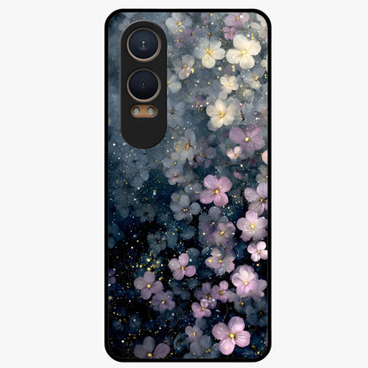 Starlit Blossom Dreams Glass Case for 1+Nord CE 4 Lite dreamy front view featuring floral artwork under sparkling night sky