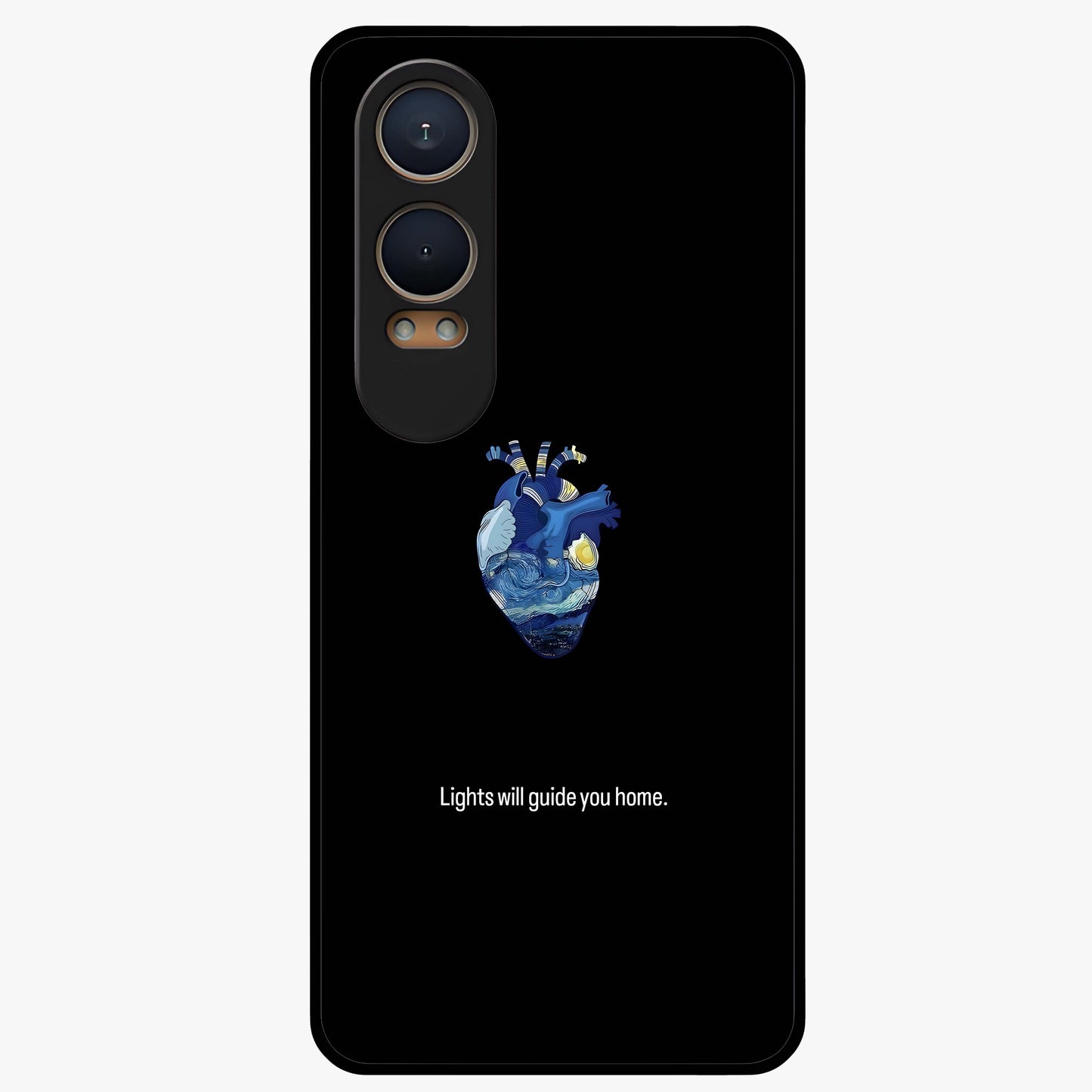 Starry Heart Compass Glass Case for 1+Nord CE 4 Lite artistic front view featuring heart shaped compass artwork with star details