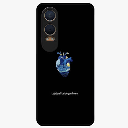 Starry Heart Compass Glass Case for 1+Nord CE 4 Lite artistic front view featuring heart shaped compass artwork with star details