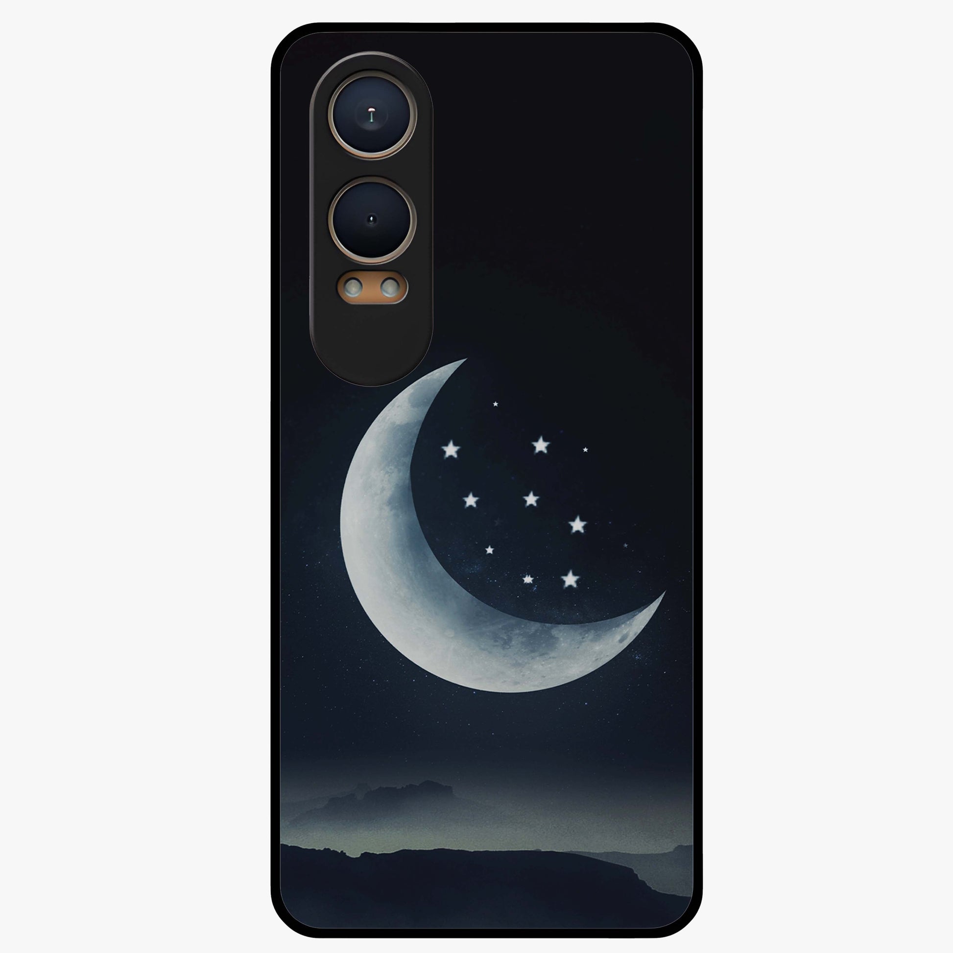 Starry Moon Pattern Glass Case for 1+Nord Ce 4 Lite dreamy front view featuring moon and star patterned artwork