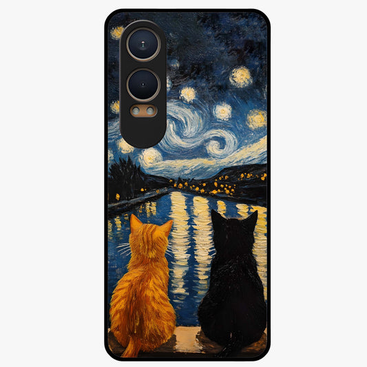 Starry River Cats Glass Case for 1+Nord Ce 4 Lite artistic front view featuring cats by a glowing river under starry sky