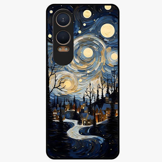 Starry Winter Town Glass Case for 1+Nord Ce 4 Lite scenic front view featuring snowy town artwork under sparkling night sky