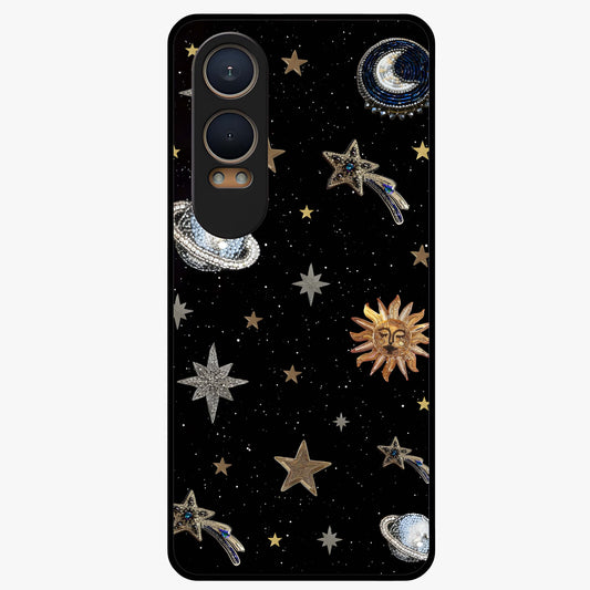 Stars and Planets Brooches Glass Case for 1+Nord Ce 4 Lite elegant front view featuring celestial jewelry inspired artwork