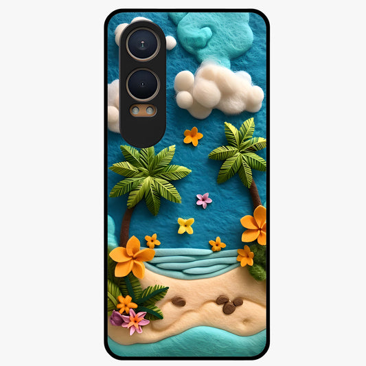 Tropical Felt Escape Glass Case for 1+Nord Ce 4 Lite refreshing front view featuring tropical inspired artistic artwork