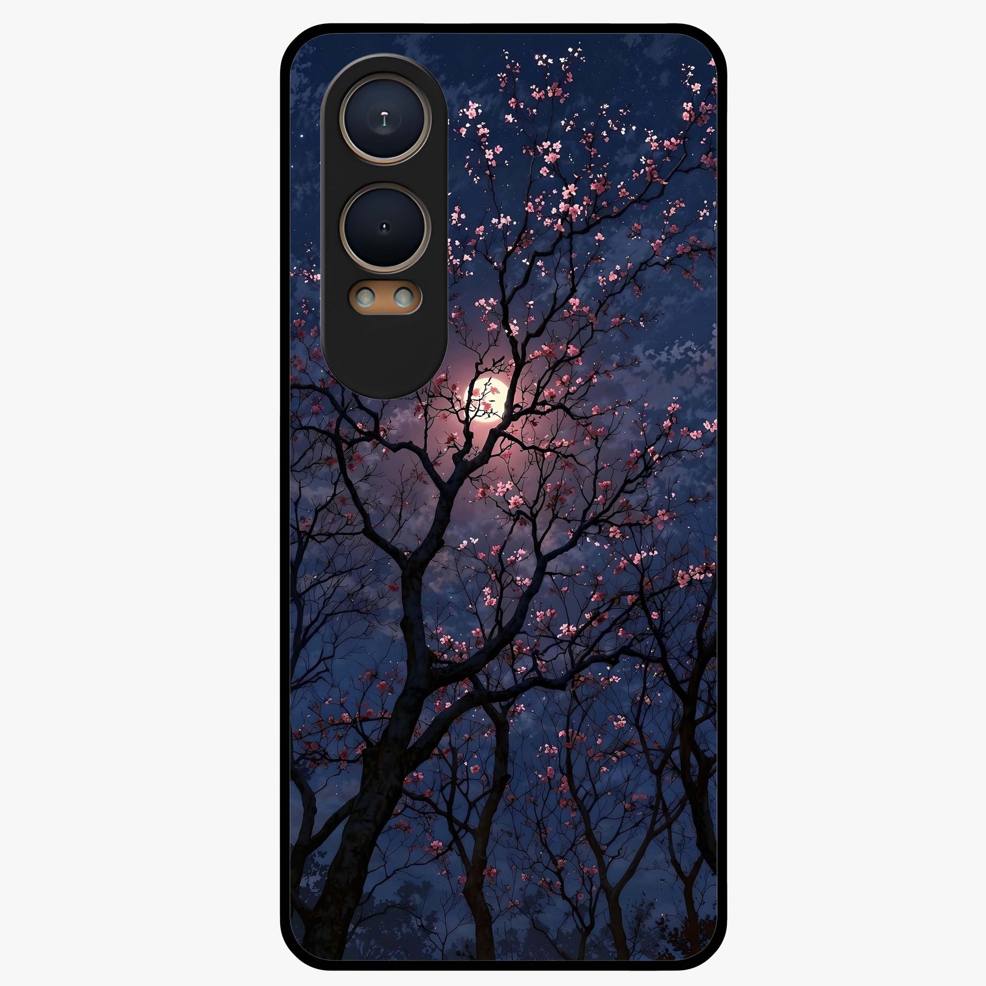Twilight Sakura Serenade Glass Case for 1+Nord Ce 4 Lite elegant front view featuring cherry blossom artwork under twilight sky