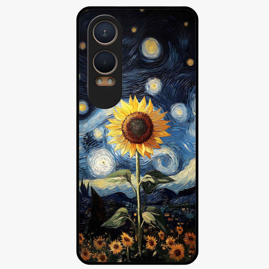 Van Gogh Sunflower Glass Case for 1+Nord Ce 4 Lite vibrant front view featuring sunflower artwork in painterly style