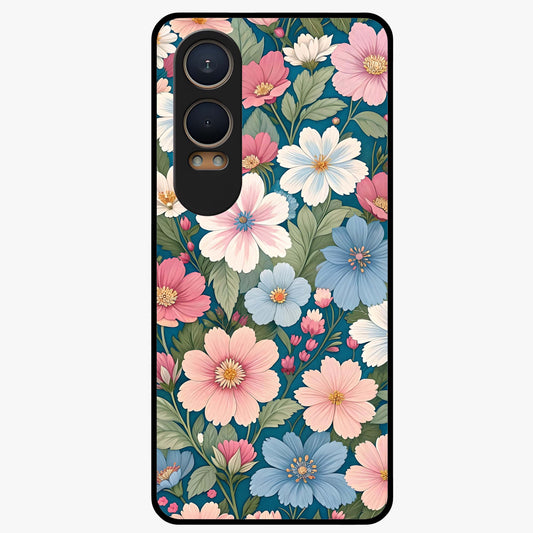 Vintage Floral Charm Glass Case for 1+Nord Ce 4 Lite graceful front view featuring charming retro floral artwork