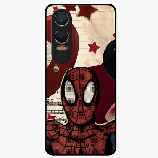 Web Warrior Vibes Glass Case for 1+Nord Ce 4 Lite dynamic front view featuring superhero inspired web themed artwork