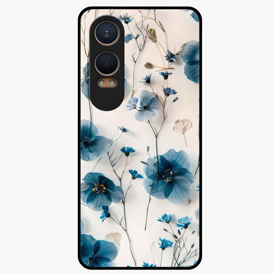 Whispers of Blue Bloom Glass Case for 1+Nord Ce 4 Lite vibrant front view featuring blue floral artwork with soft glow