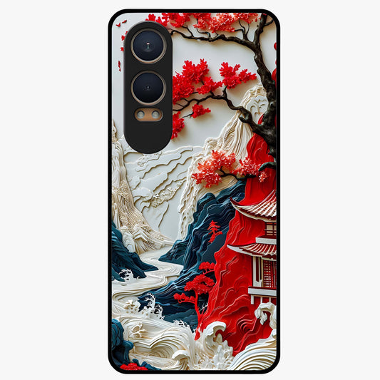 Whispers of Sakura Waves Glass Case for 1+Nord Ce 4 Lite artistic front view featuring cherry blossom artwork blended with flowing waves