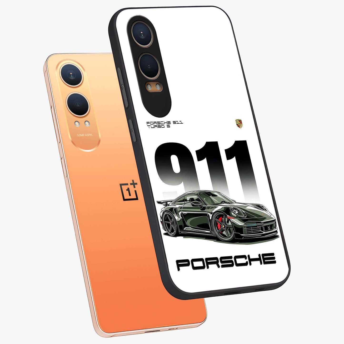 911 Turbo Dominance Glass Case for 1+Nord Ce 4 Lite premium angled mockup showcasing glossy glass finish and racing inspired design