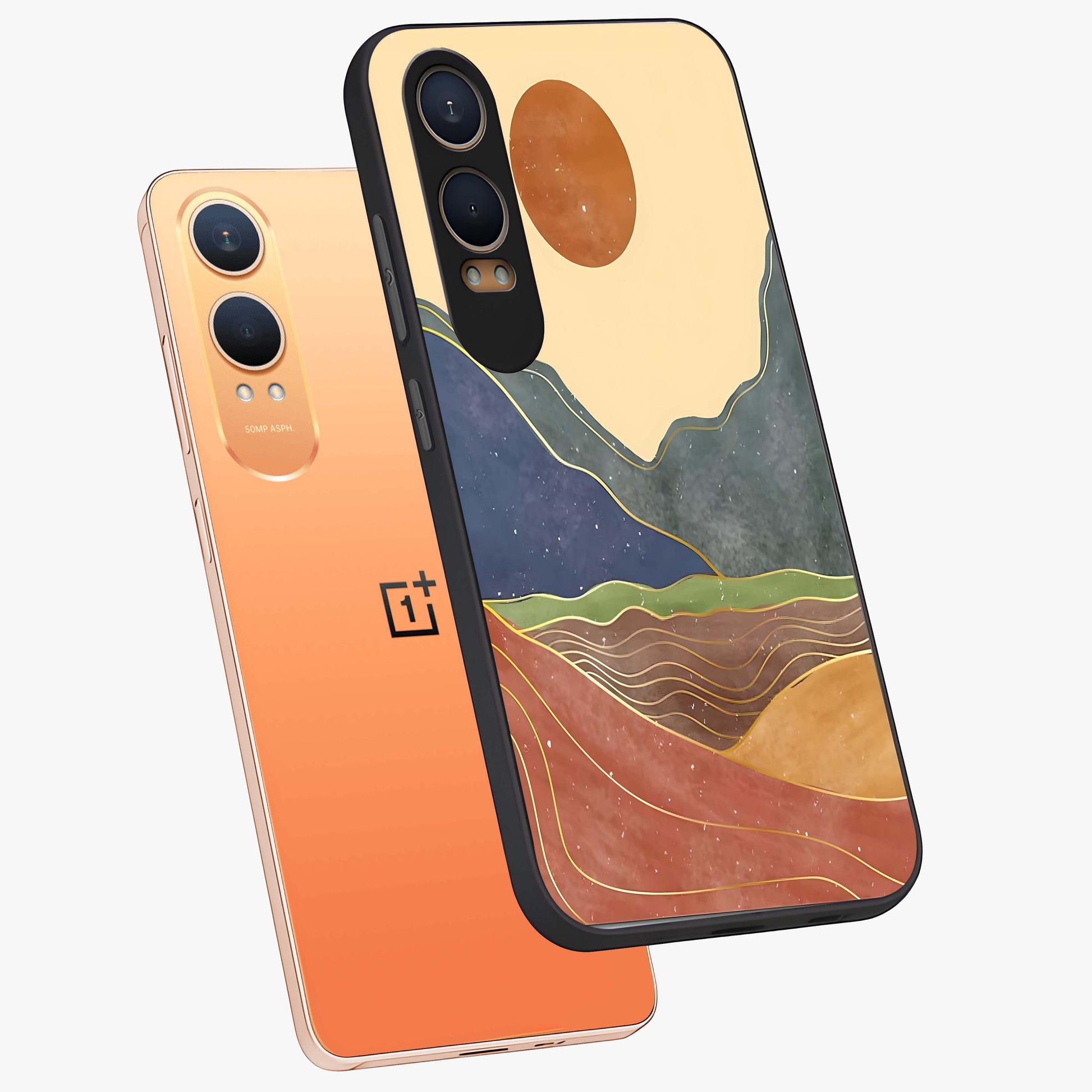 Abstract Mountain Glow Glass Case for 1+Nord Ce 4 Lite angled mockup showcasing glossy glass finish and scenic gradient tones