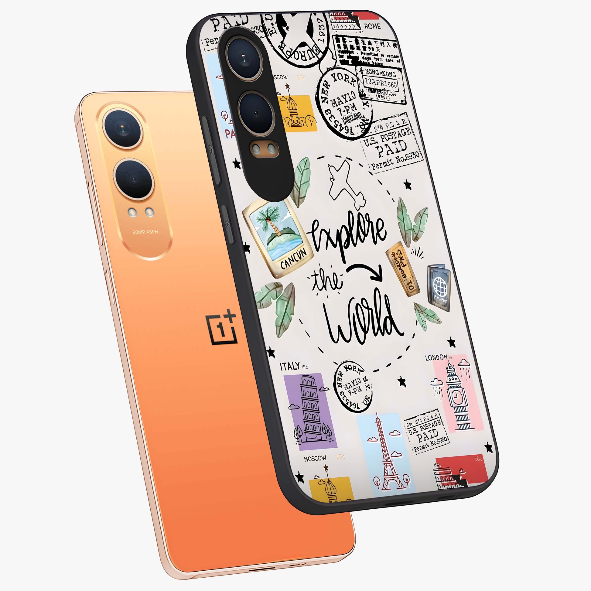 Adventure Awaits Art Glass Case for 1+Nord Ce 4 Lite angled display showcasing glossy finish and adventure themed design