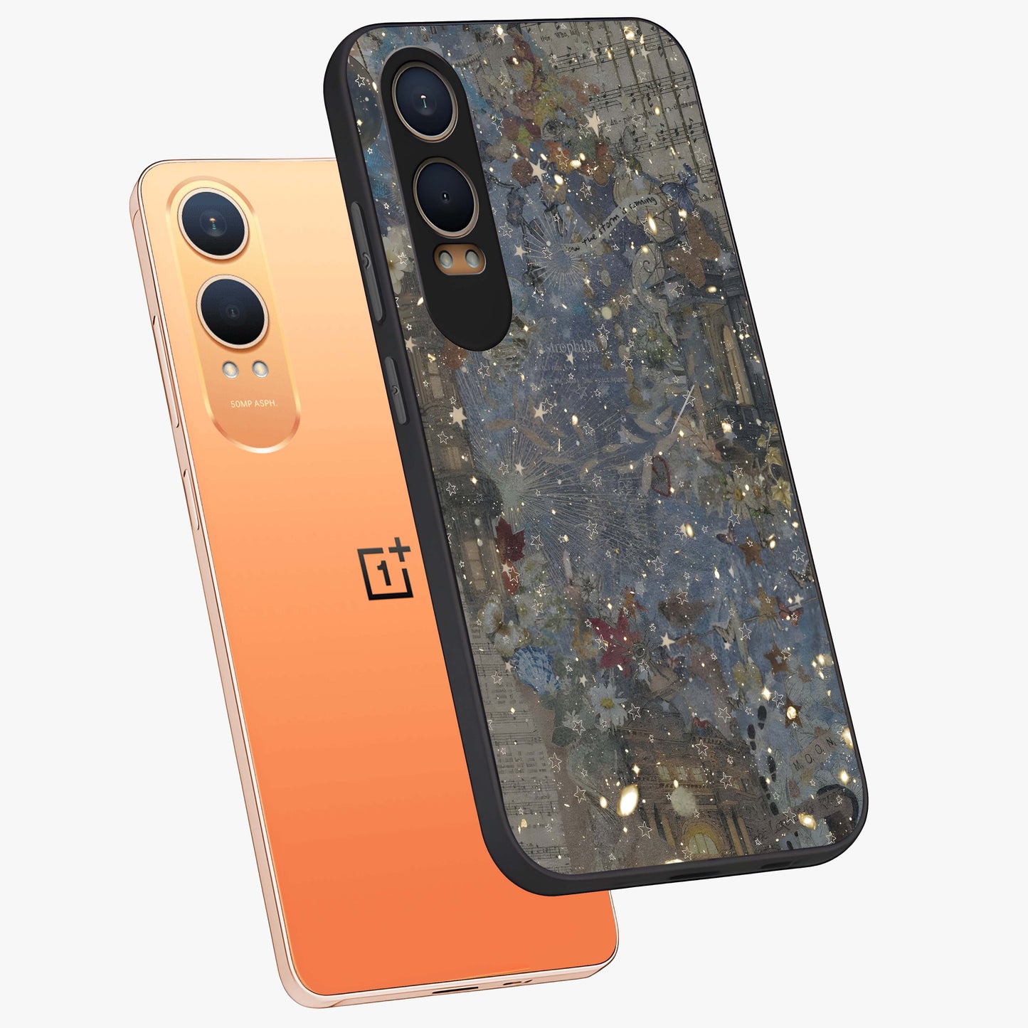 Aesthetic Astrolophia Glass Case for 1+Nord CE 4 Lite angled mockup showcasing glossy cosmic design and premium glass finish