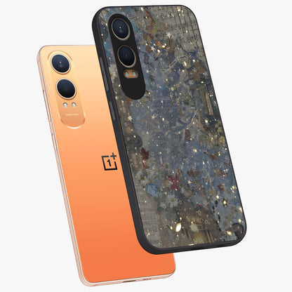 Aesthetic Astrolophia Glass Case for 1+Nord CE 4 Lite angled mockup showcasing glossy cosmic design and premium glass finish