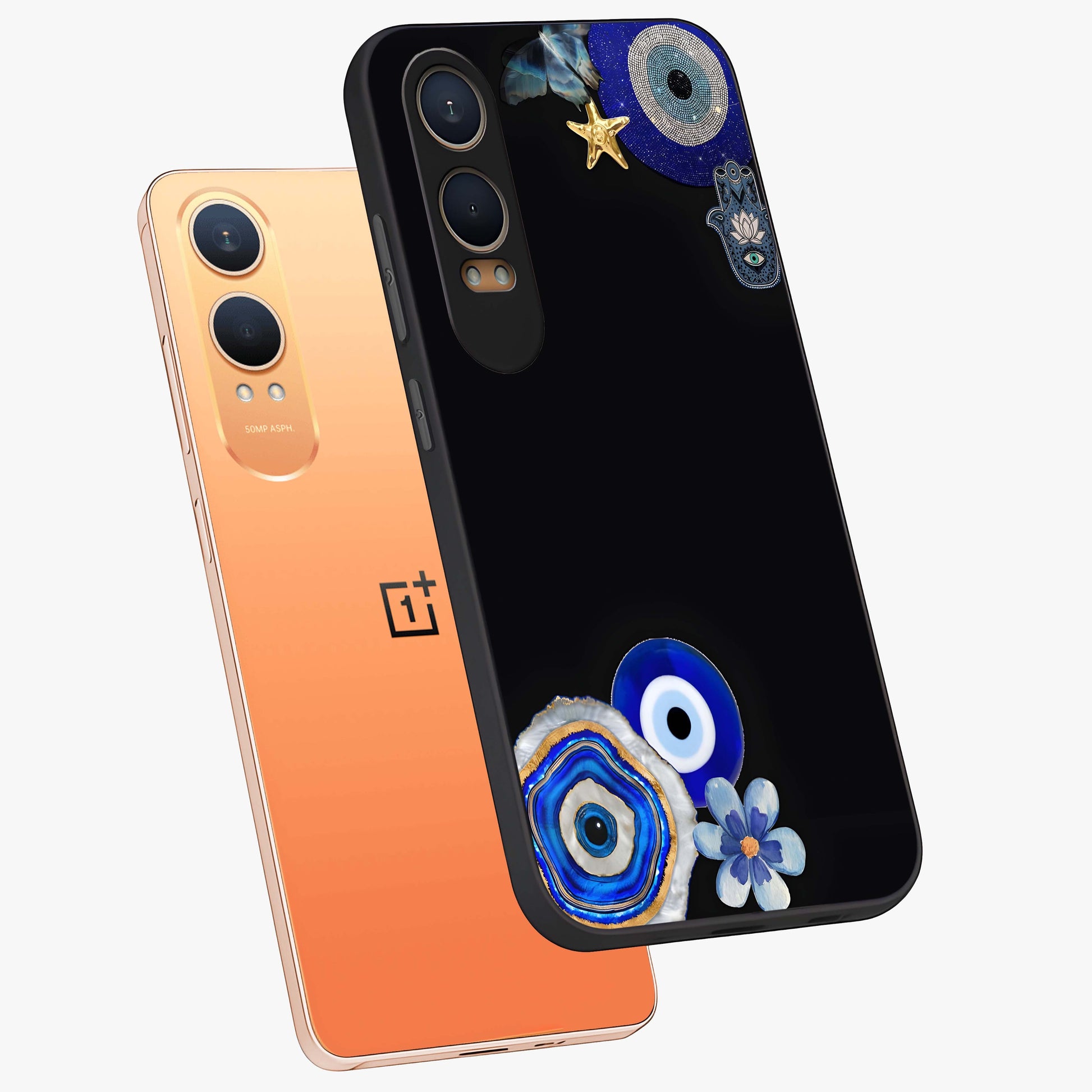 Aesthetic Blue Evil Eye Glass Case for 1+Nord CE 4 Lite angled mockup showcasing glossy finish and protective symbol design
