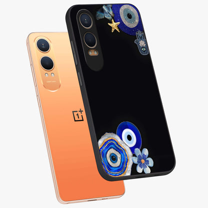 Aesthetic Blue Evil Eye Glass Case for 1+Nord CE 4 Lite angled mockup showcasing glossy finish and protective symbol design