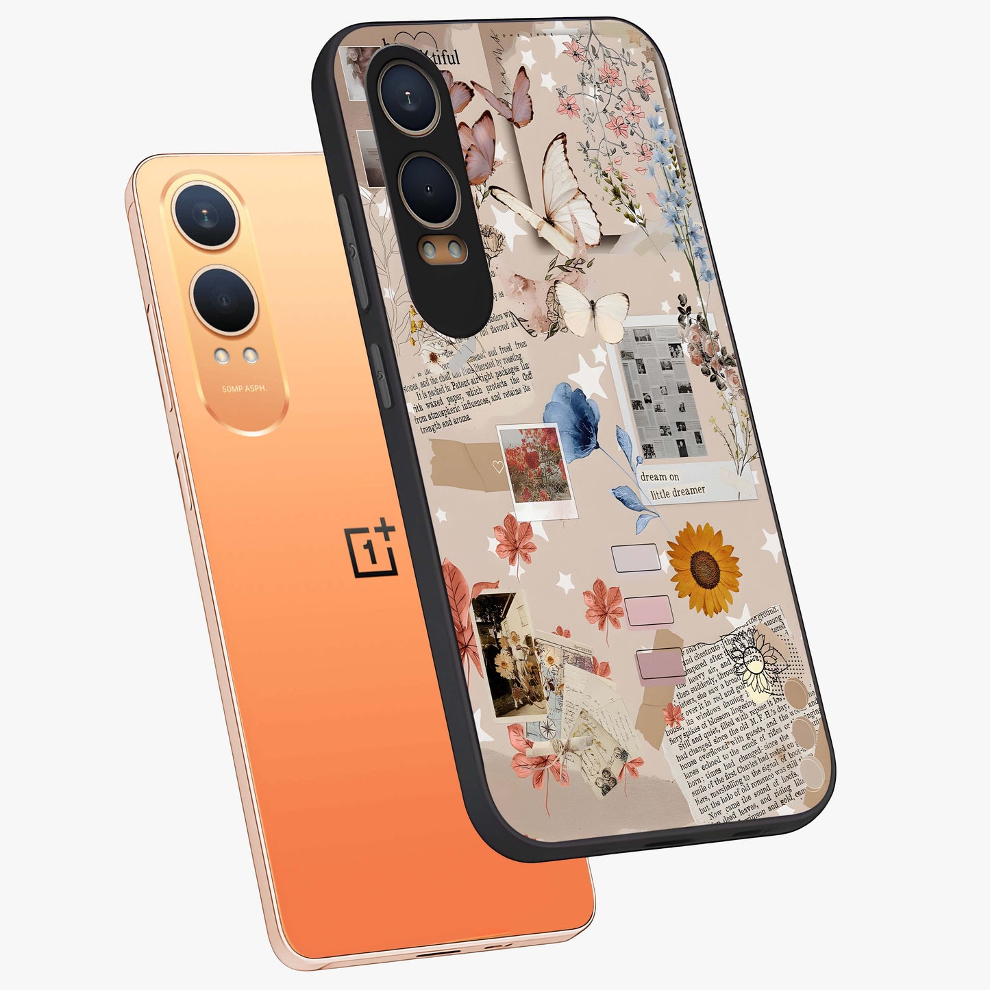 Aesthetic Butterfly Glass Case for 1+Nord CE 4 Lite angled mockup showcasing glossy glass finish and delicate wing details