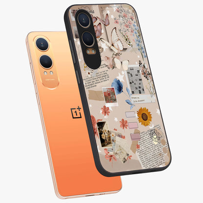 Aesthetic Butterfly Glass Case for 1+Nord CE 4 Lite angled mockup showcasing glossy glass finish and delicate wing details