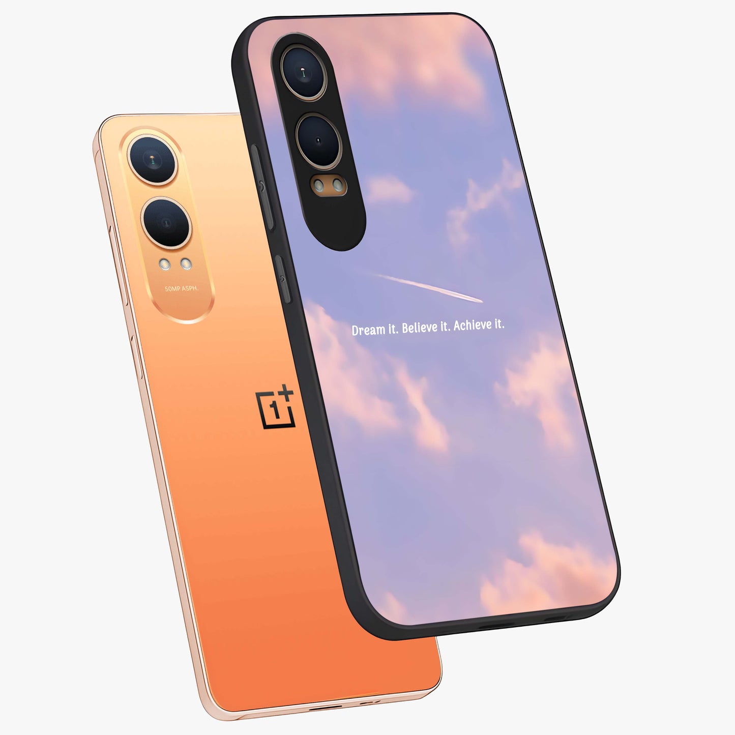Aesthetic Clouds Dream Glass Case for 1+Nord CE 4 Lite angled mockup showcasing glossy glass finish and sky inspired design