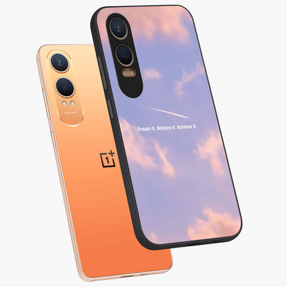 Aesthetic Clouds Dream Glass Case for 1+Nord CE 4 Lite angled mockup showcasing glossy glass finish and sky inspired design