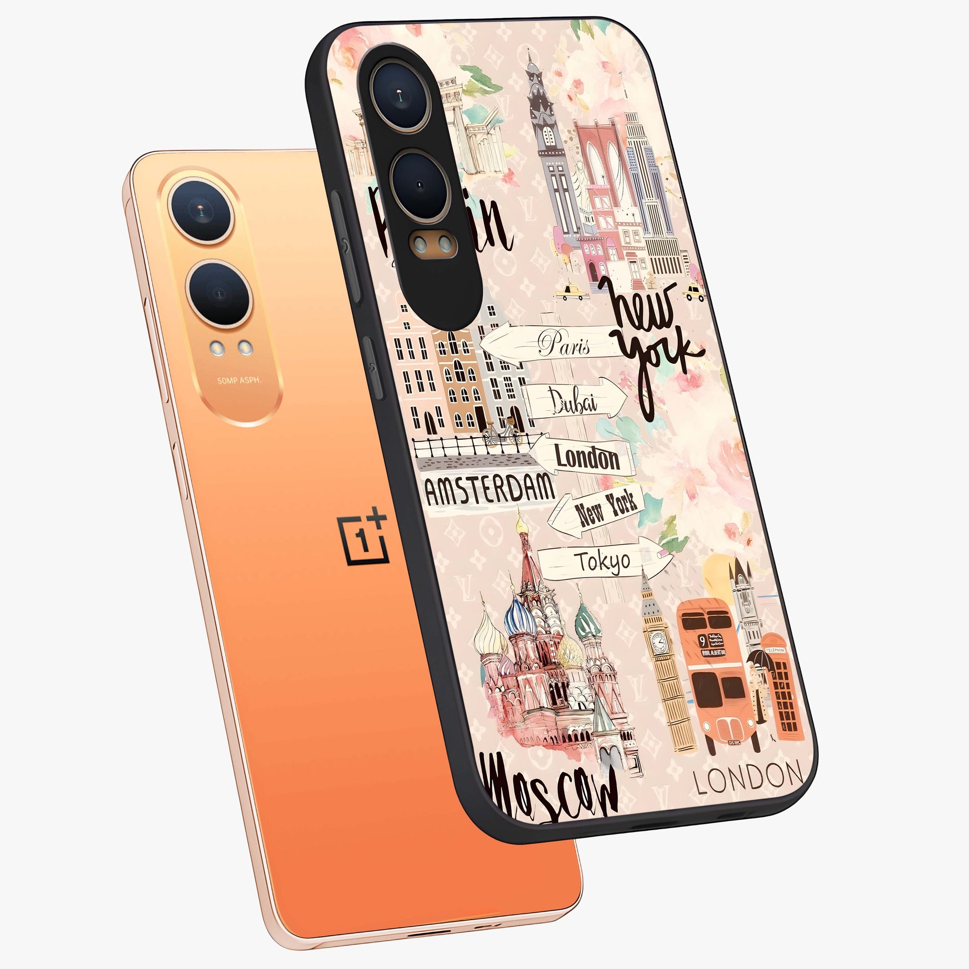 Aesthetic Travel Glass Case for 1+Nord Ce 4 Lite angled mockup showcasing glossy finish and adventure themed design