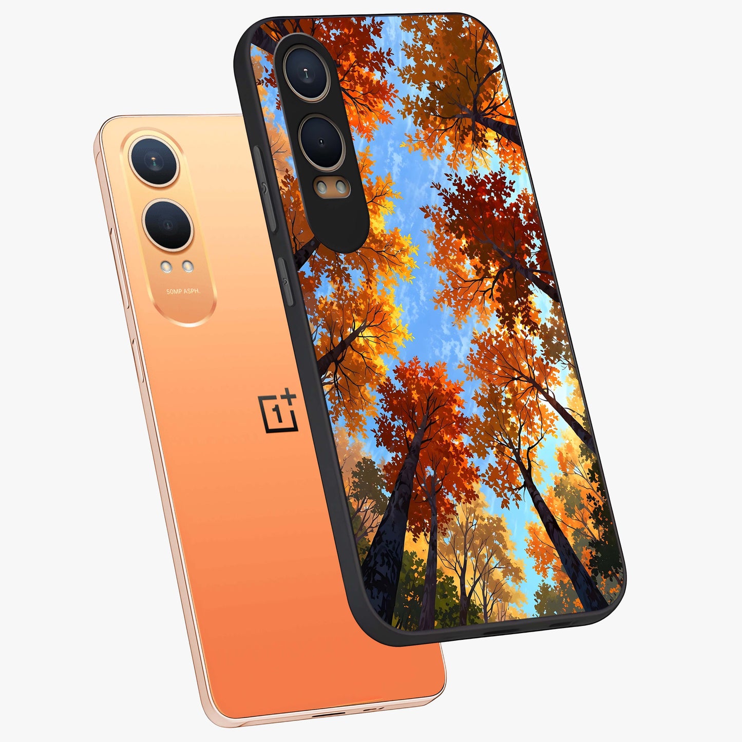 Amber Canopy Glow Glass Case for 1+Nord CE 4 Lite angled mockup showcasing glossy glass finish and golden amber tones