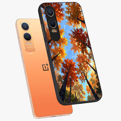 Amber Canopy Glow Glass Case for 1+Nord CE 4 Lite angled mockup showcasing glossy glass finish and golden amber tones
