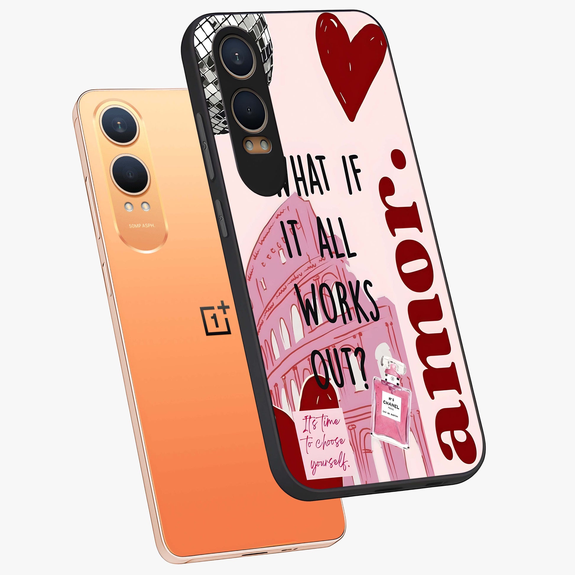 Amor Memory Scrapbook Glass Case for 1+Nord CE 4 Lite angled mockup showcasing glossy finish and layered memory collage design