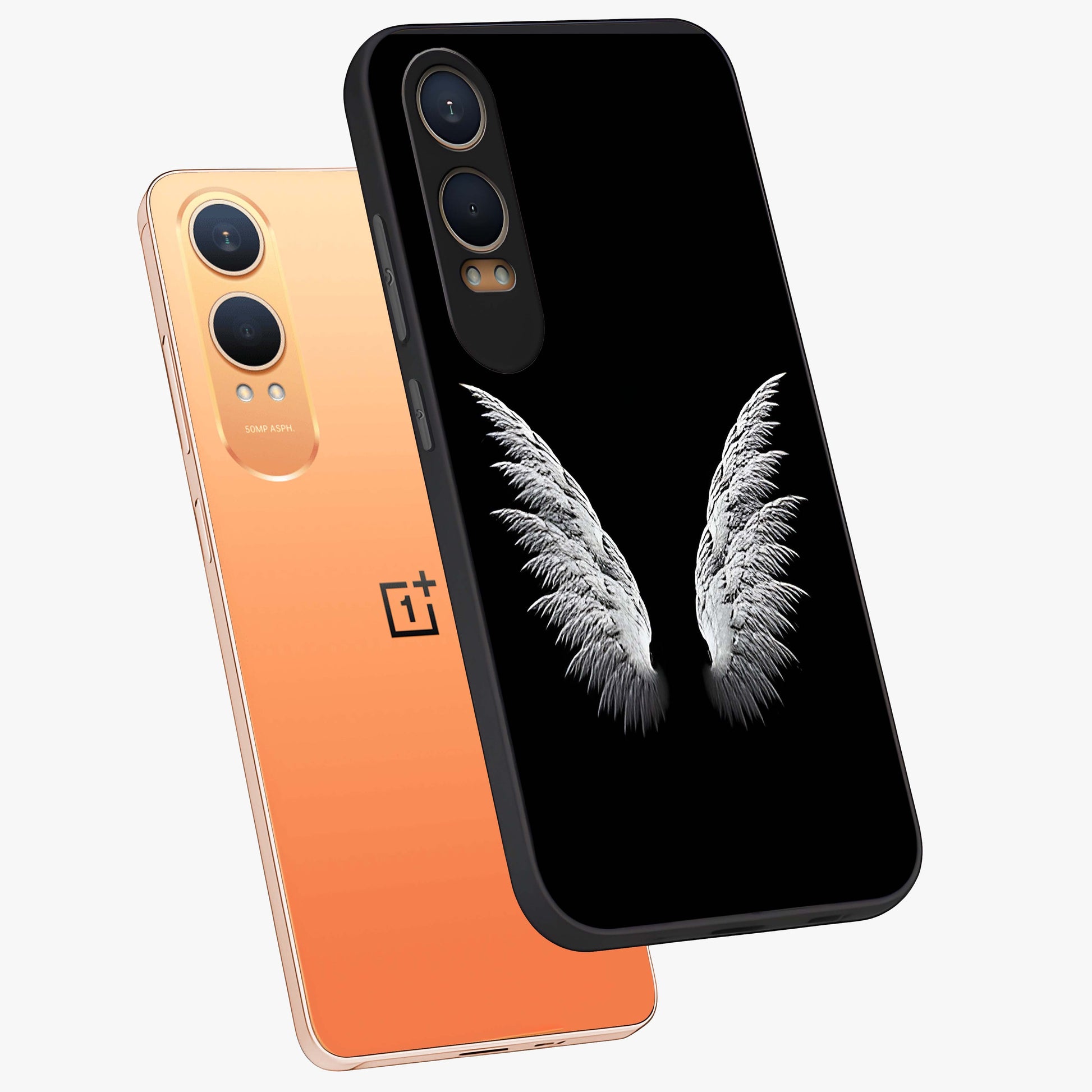Angel Wing Grace Glass Case for 1+Nord CE 4 Lite angled mockup showcasing glossy finish and graceful feather design