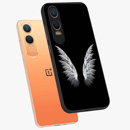 Angel Wing Grace Glass Case for 1+Nord CE 4 Lite angled mockup showcasing glossy finish and graceful feather design