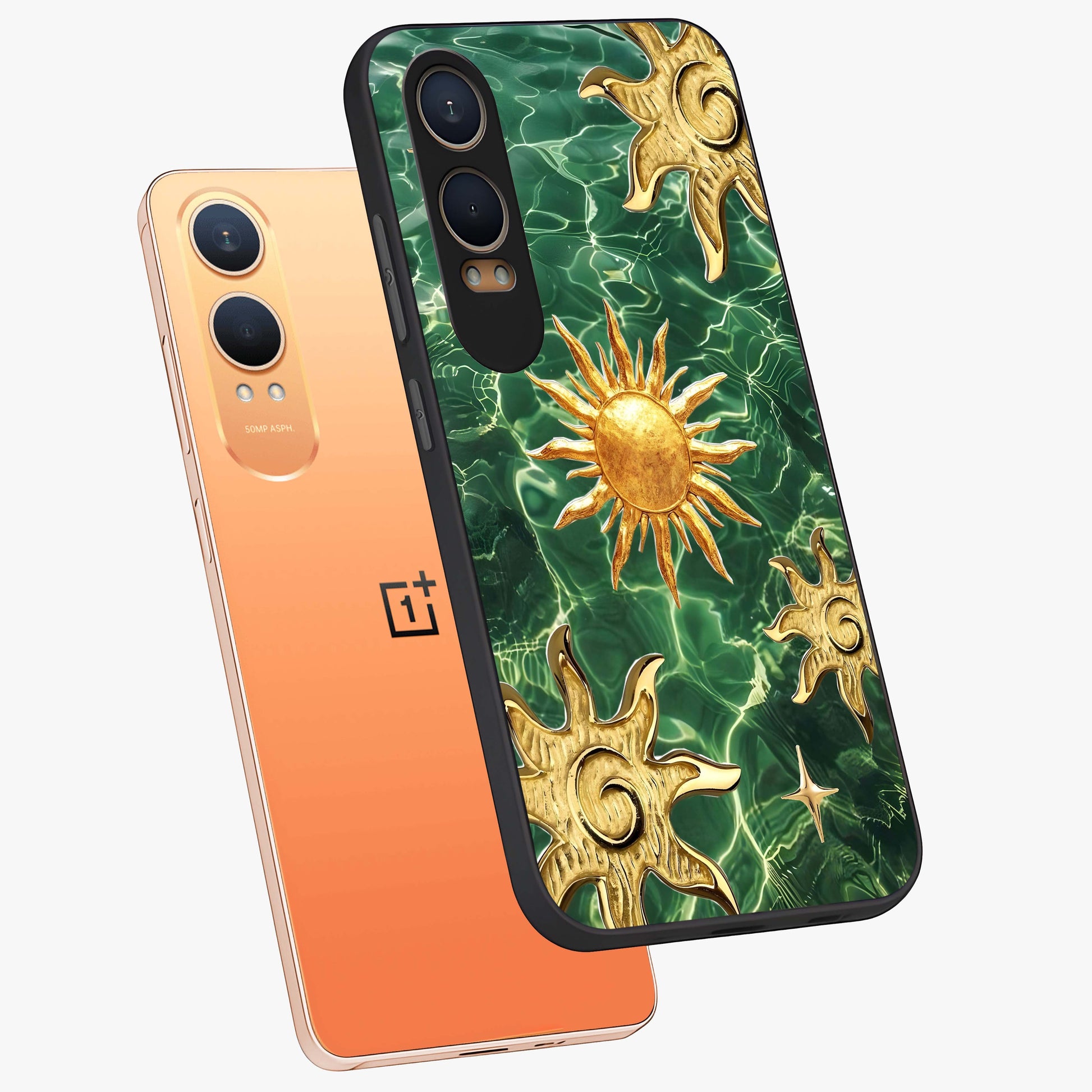 Aqua Sun Mirage Glass Case for 1+Nord CE 4 Lite angled mockup showcasing glossy glass finish and radiant gradient tones