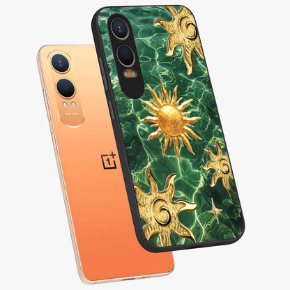 Aqua Sun Mirage Glass Case for 1+Nord CE 4 Lite angled mockup showcasing glossy glass finish and radiant gradient tones