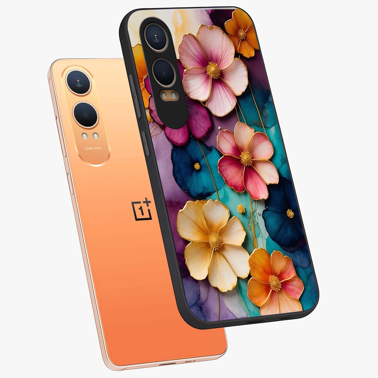 Artlyn Grace Flower Pattern Glass Case for 1+Nord CE 4 Lite angled mockup showcasing glossy finish and graceful flower detailing