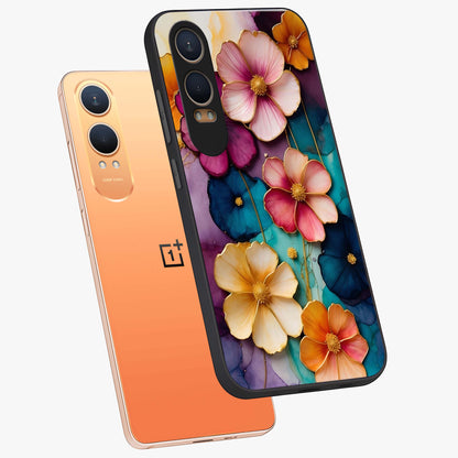Artlyn Grace Flower Pattern Glass Case for 1+Nord CE 4 Lite angled mockup showcasing glossy finish and graceful flower detailing