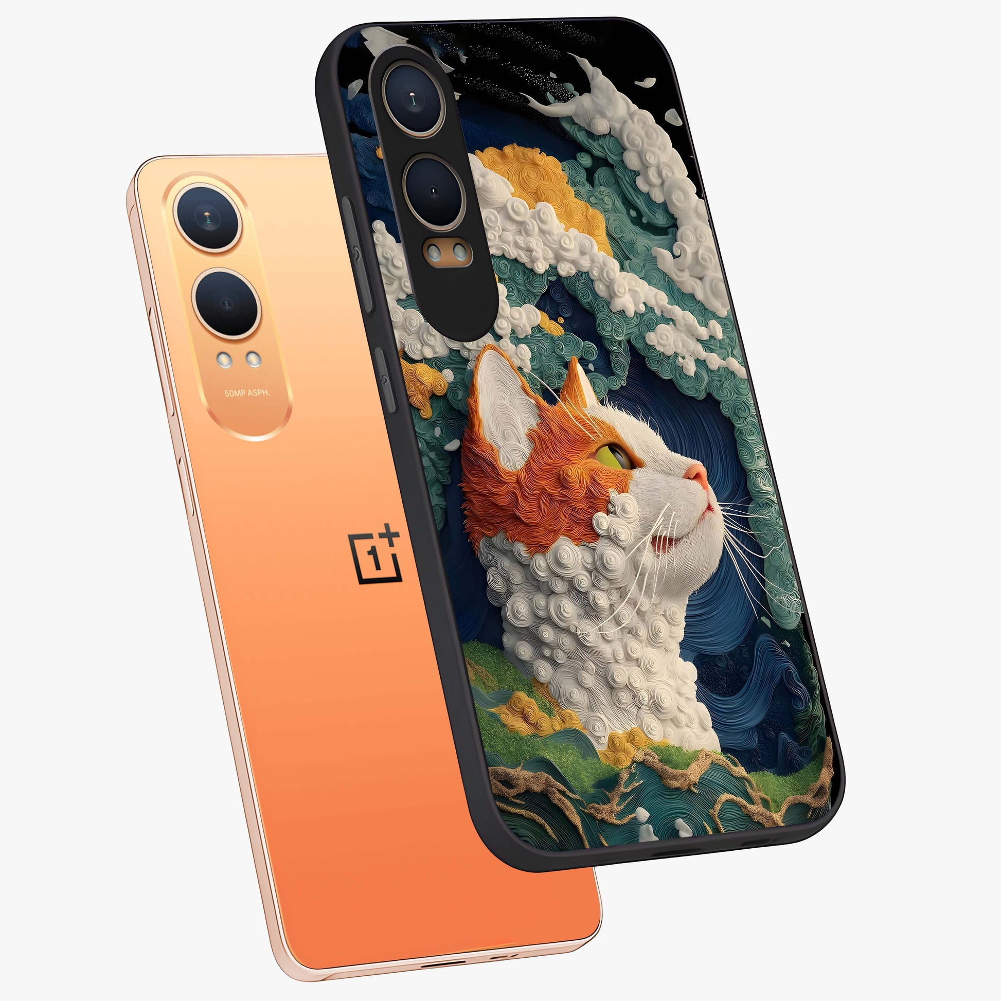 Aurora Cat Dreams Glass Case for 1+Nord CE 4 Lite angled mockup showcasing glossy finish and vibrant cosmic colors