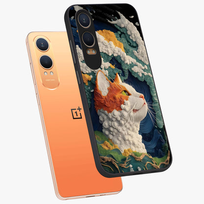 Aurora Cat Dreams Glass Case for 1+Nord CE 4 Lite angled mockup showcasing glossy finish and vibrant cosmic colors