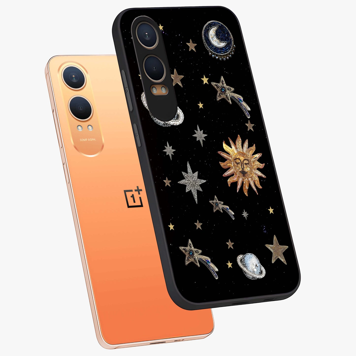 Beaded Cosmic Dreams Glass Case for 1+Nord CE 4 Lite angled mockup showcasing glossy finish and vibrant galaxy detailing