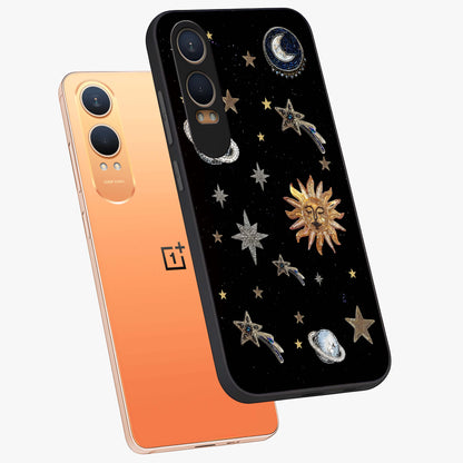 Beaded Cosmic Dreams Glass Case for 1+Nord CE 4 Lite angled mockup showcasing glossy finish and vibrant galaxy detailing